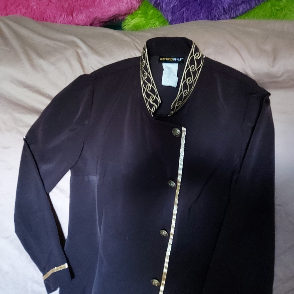 Military-look sheath dress.